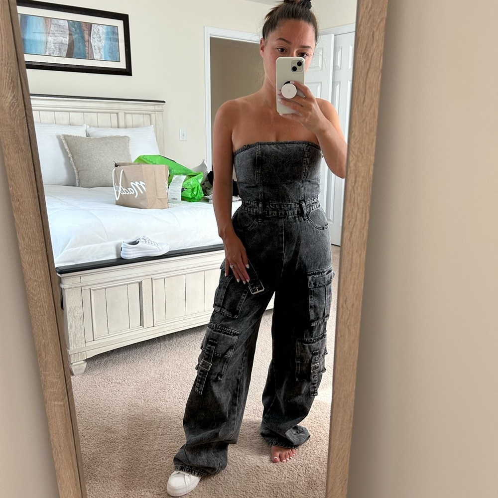 Strapless Cargo Acid Denim Jumpsuit size XS